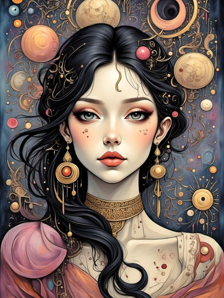 Elegant Woman in Dreamy Landscape, Mixed Media Style