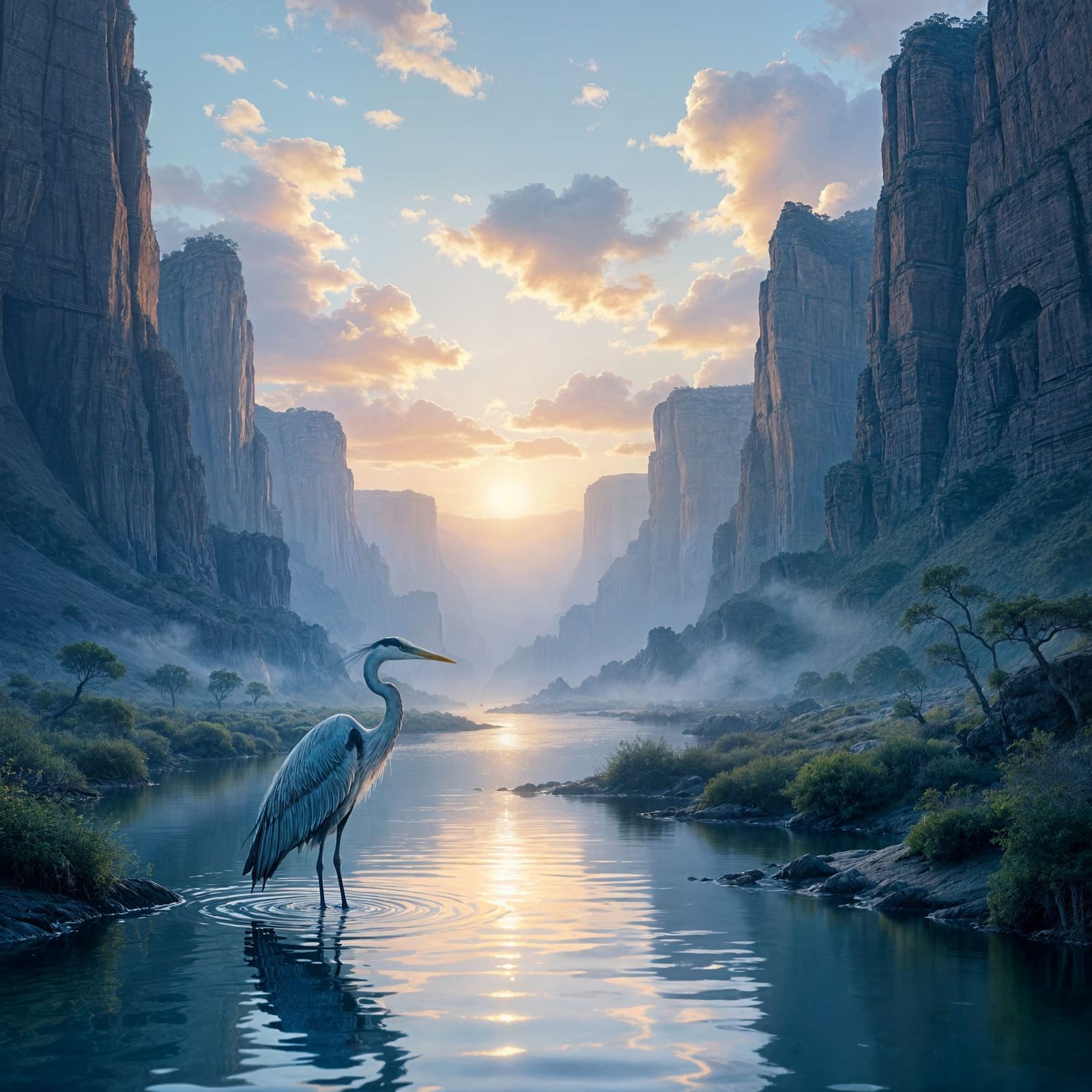Surreal Heron in Geometric Canyon
