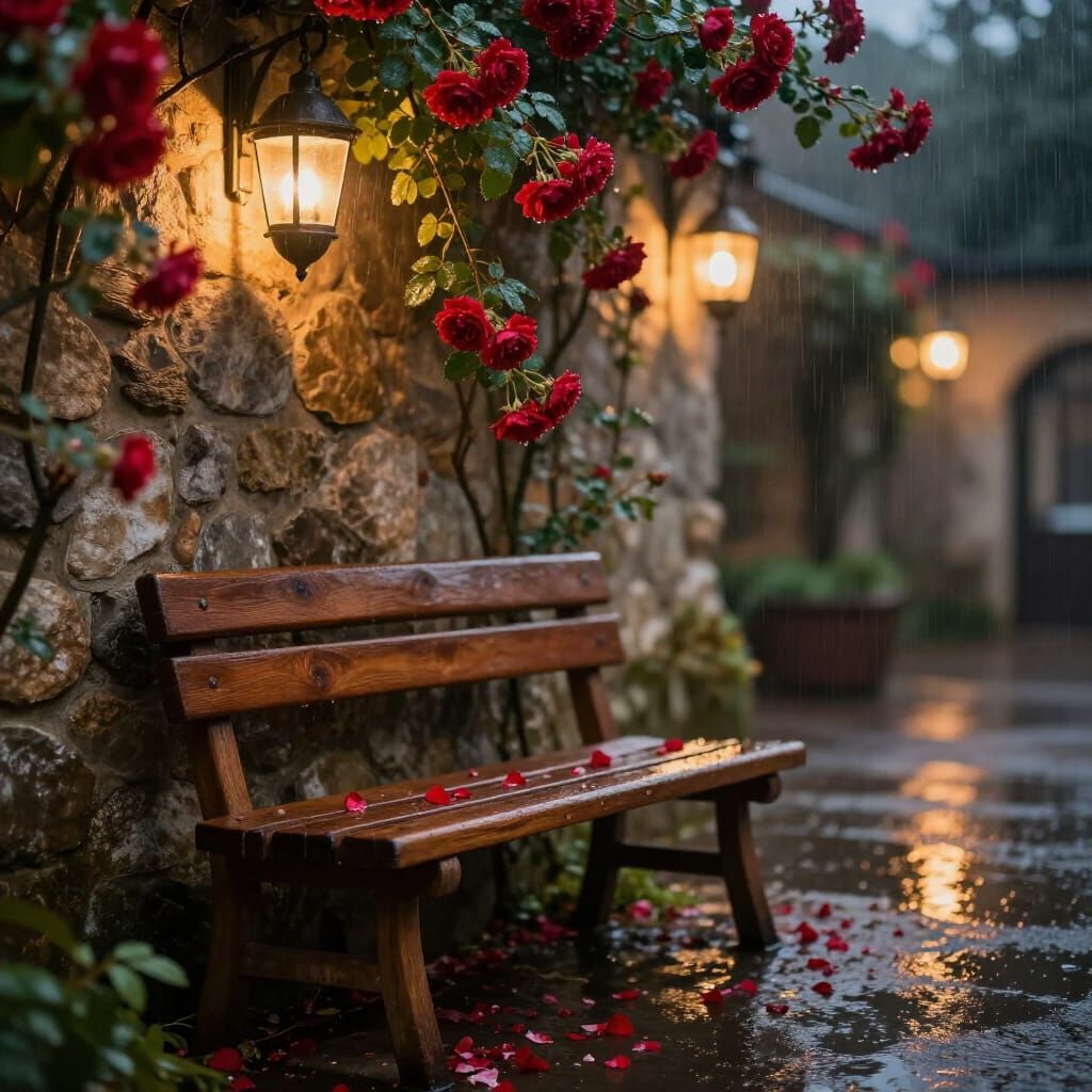 Rustic Bench with Red Roses in Golden Lantern Light