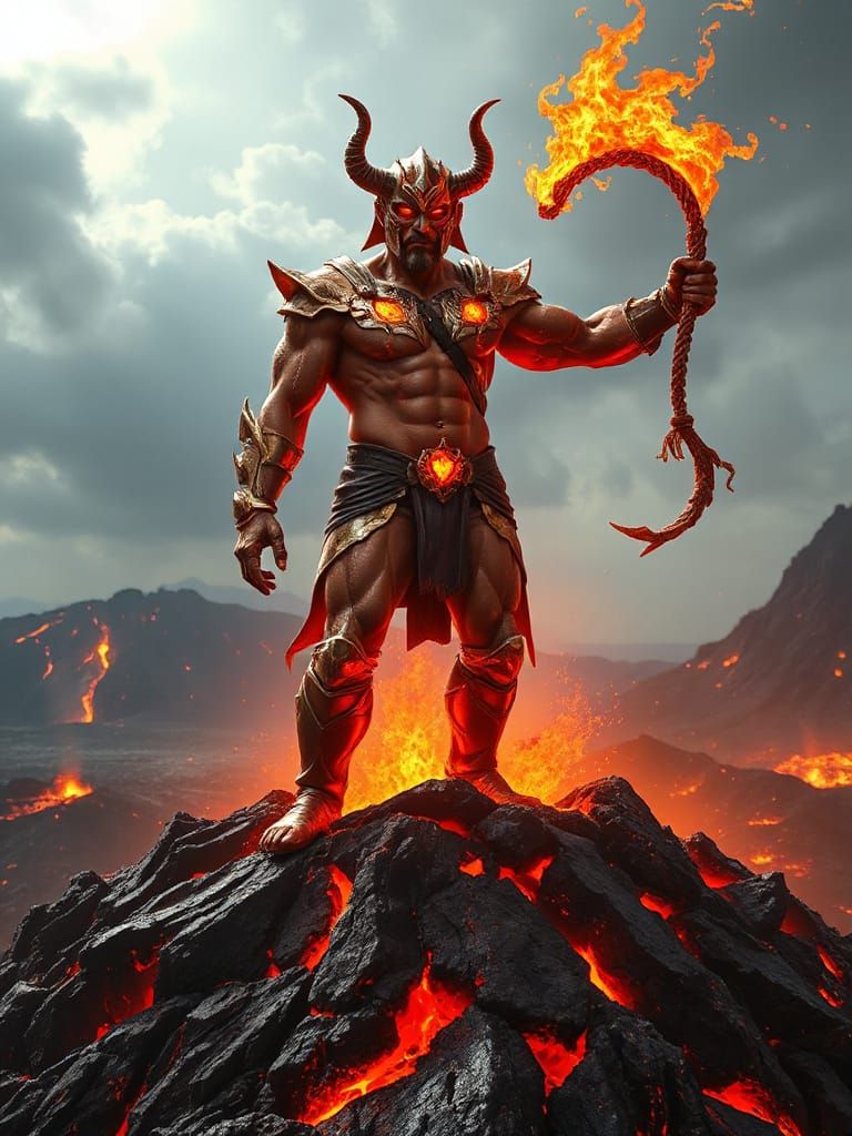 Magma Lord Supervillain on Volcano in Hyperrealistic Style