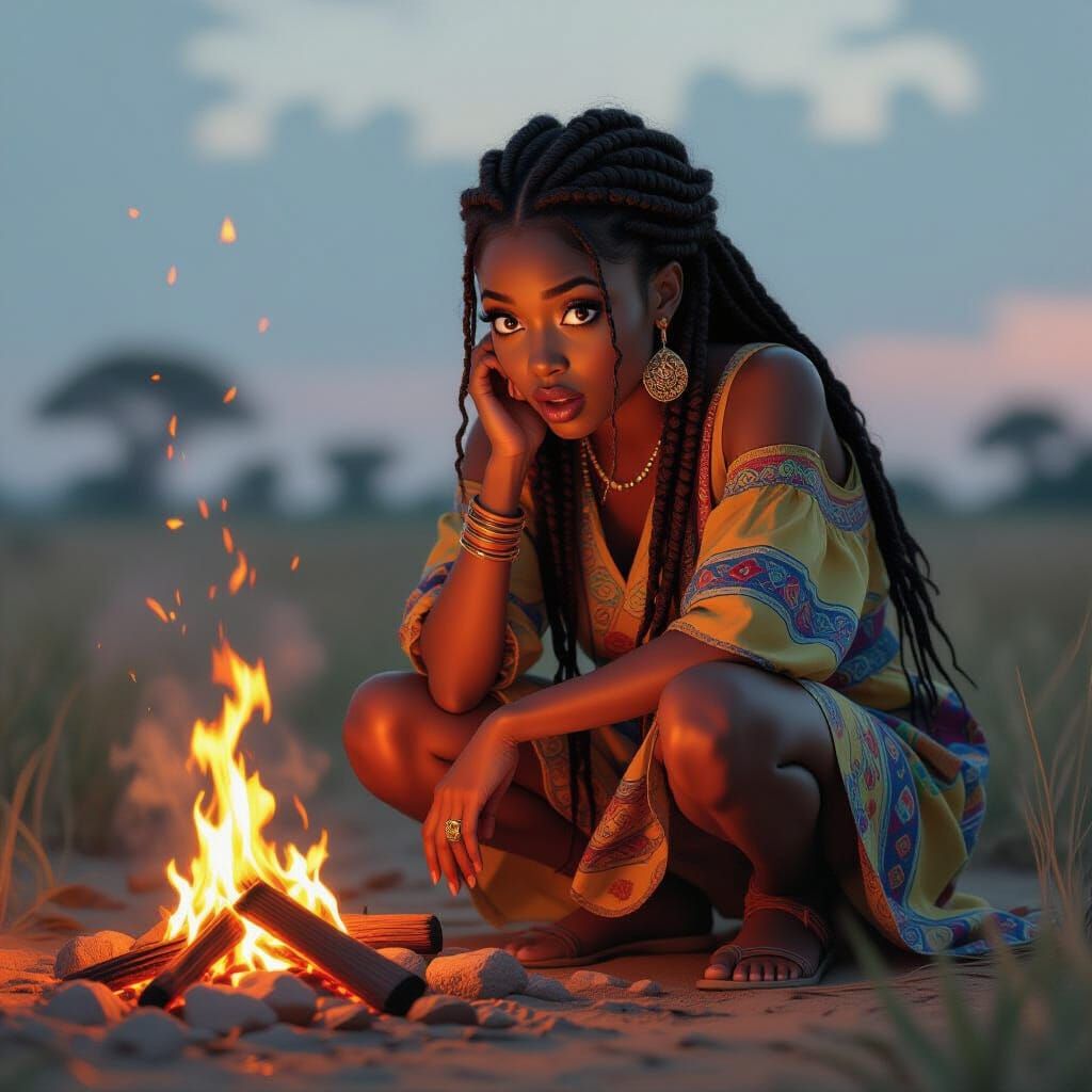 African Woman Whispering to Embers: Ethereal Digital Art