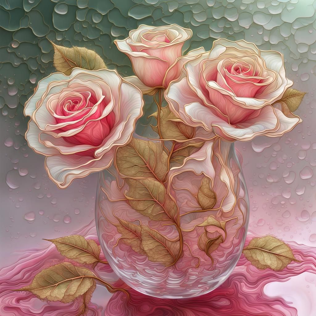 Fractal Roses in Jello Vase with Gold Outlines