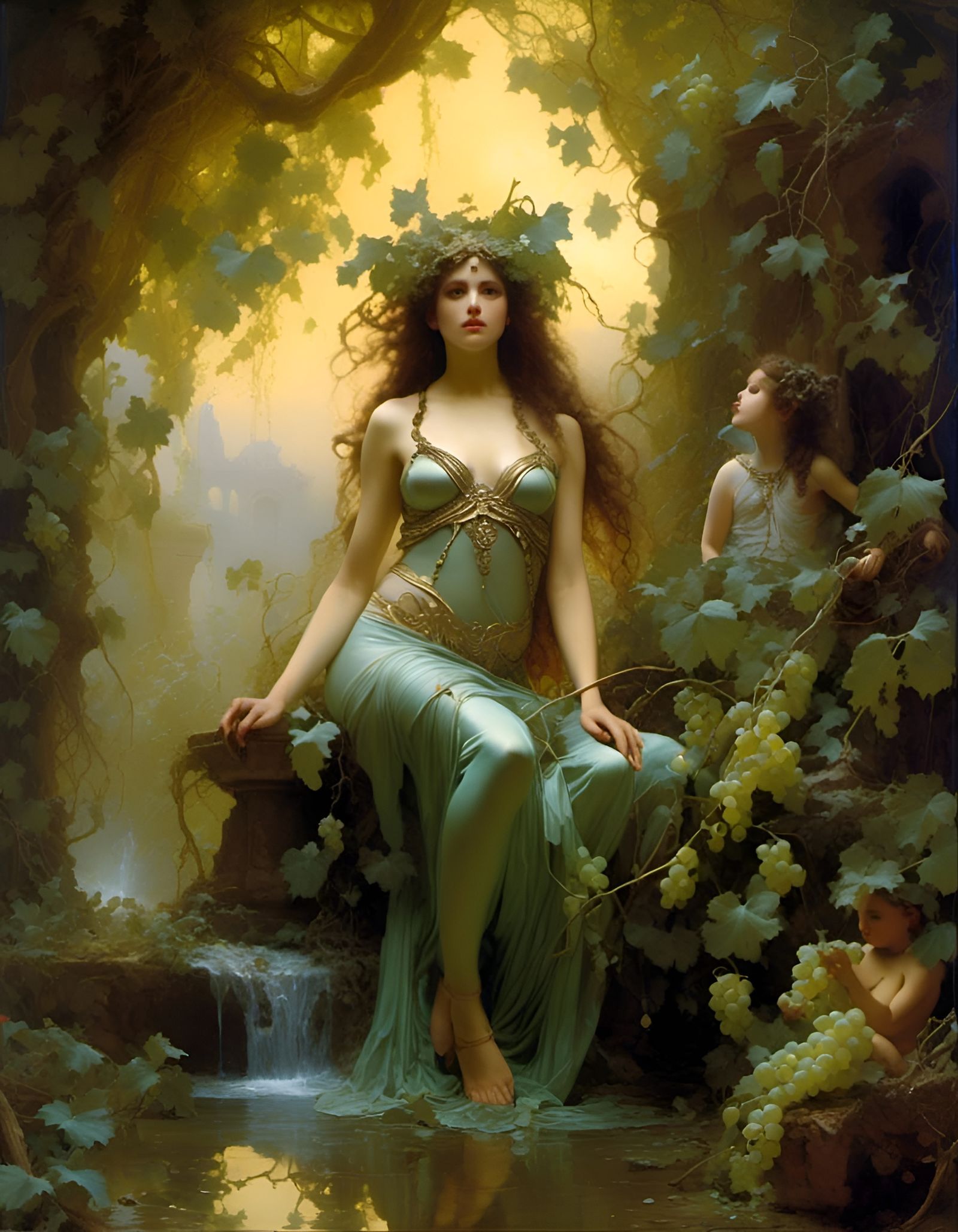 Mythical Satyress in Ancient Ruins: Art Nouveau Painting