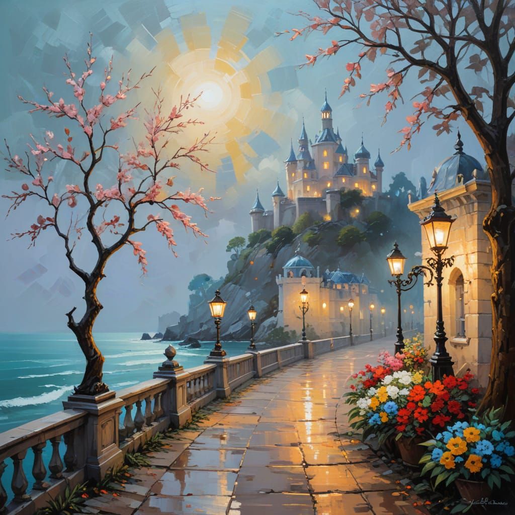 Elegant Rococo Seaside Scene at Dusk