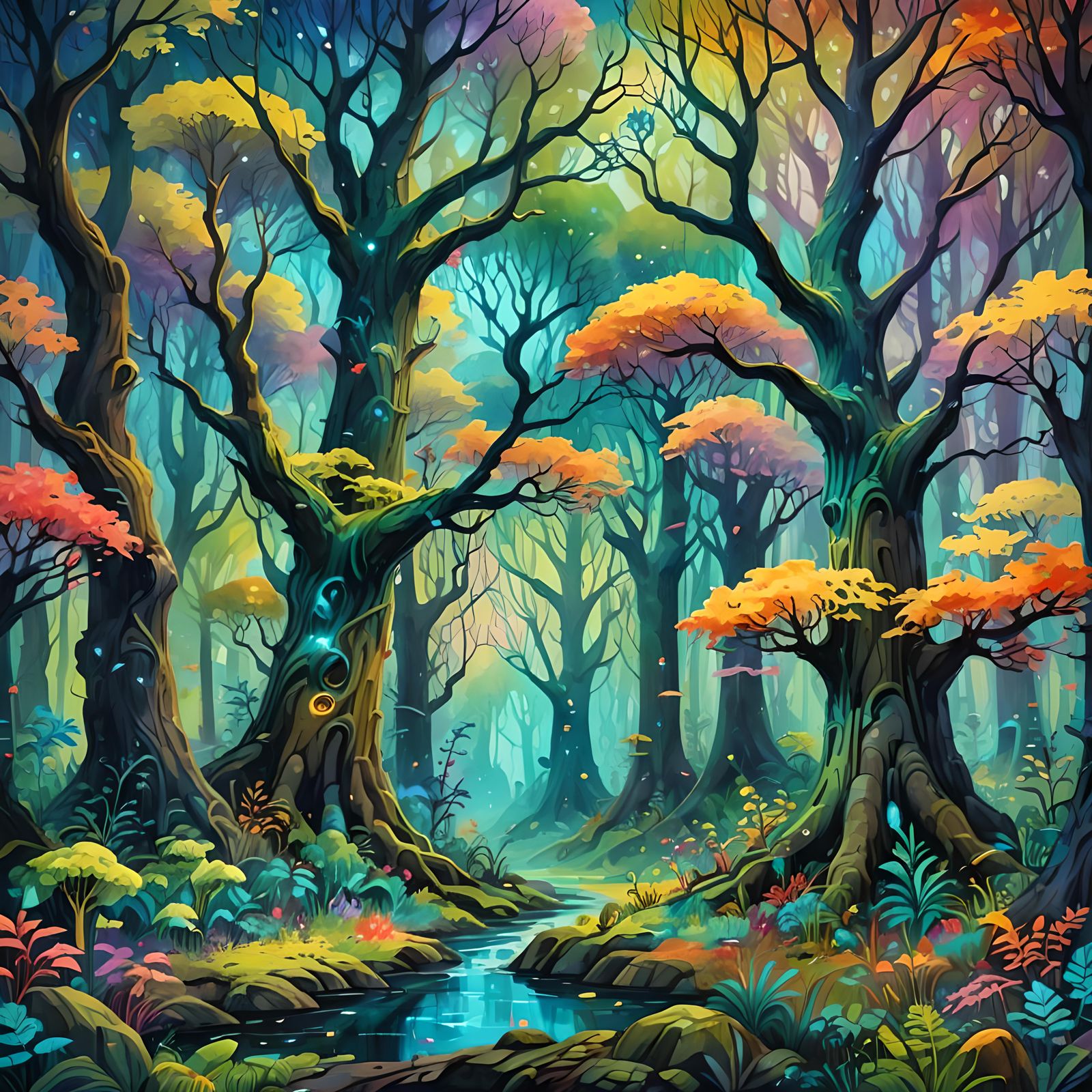 Bioluminescent Fantasy Forest in Impressionist Gouache Style