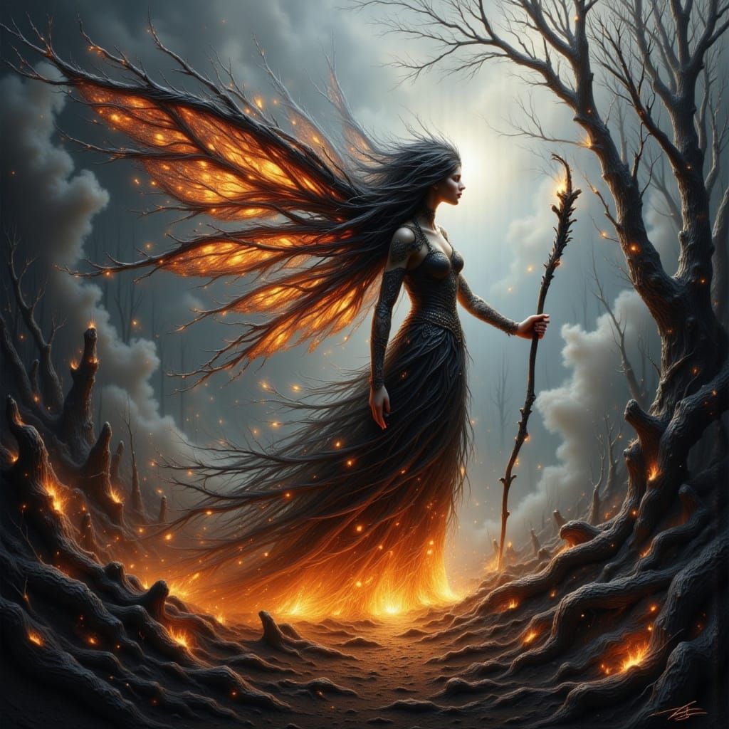 Ethereal Smoke Fairy Emerges From Charred Forest as Impasto ...
