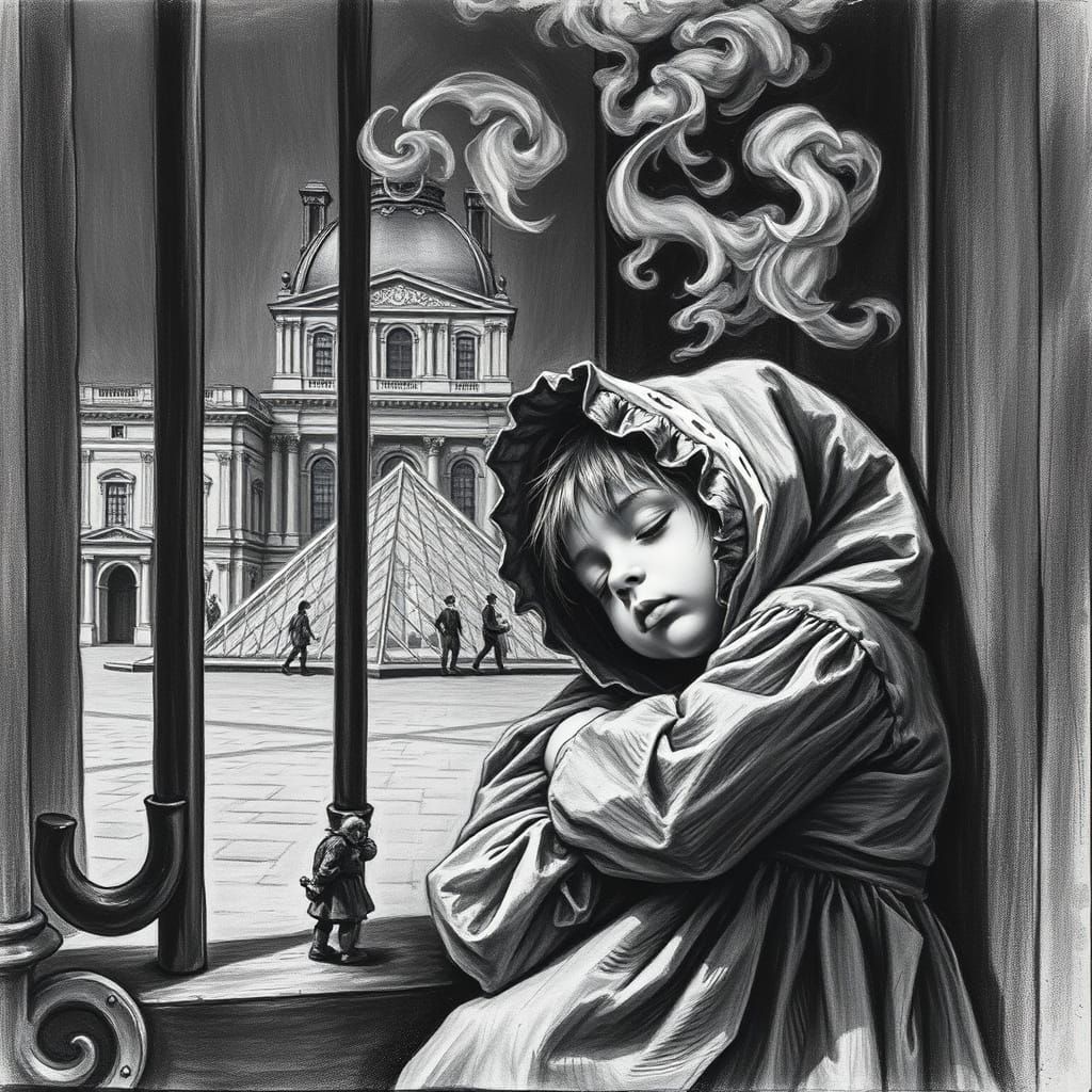 Girl Sleeps at Louvre Gates in Charcoal Drawing Style