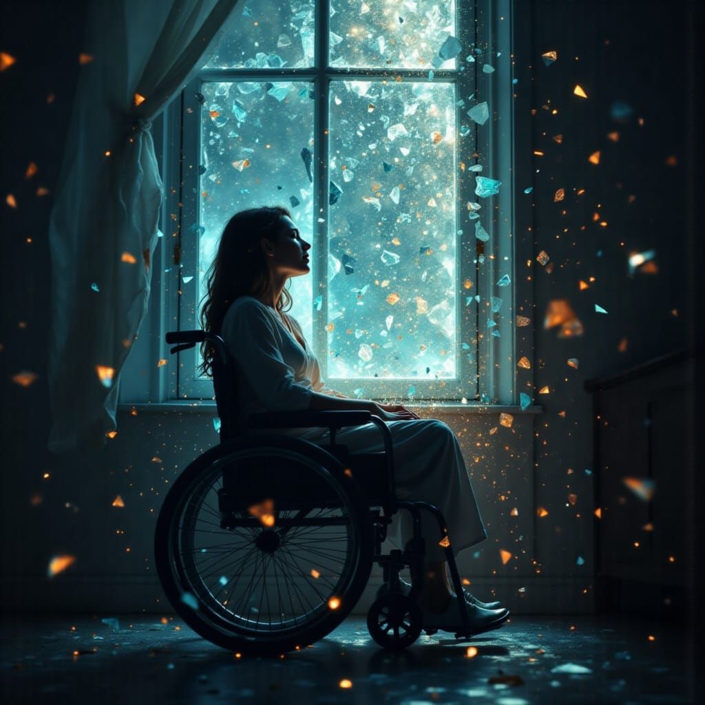 Crystalline Woman in Wheelchair, Surreal Cinematic Style
