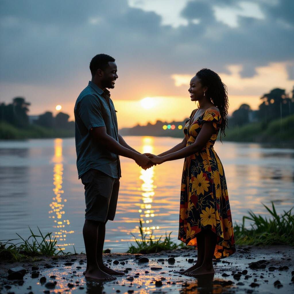 Joyful Couple by Congo River in Gentle Rain, Golden Hour