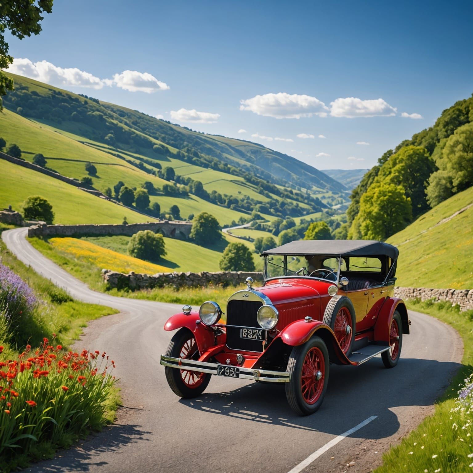 Vintage Red Velox Tourer in Countryside Landscape