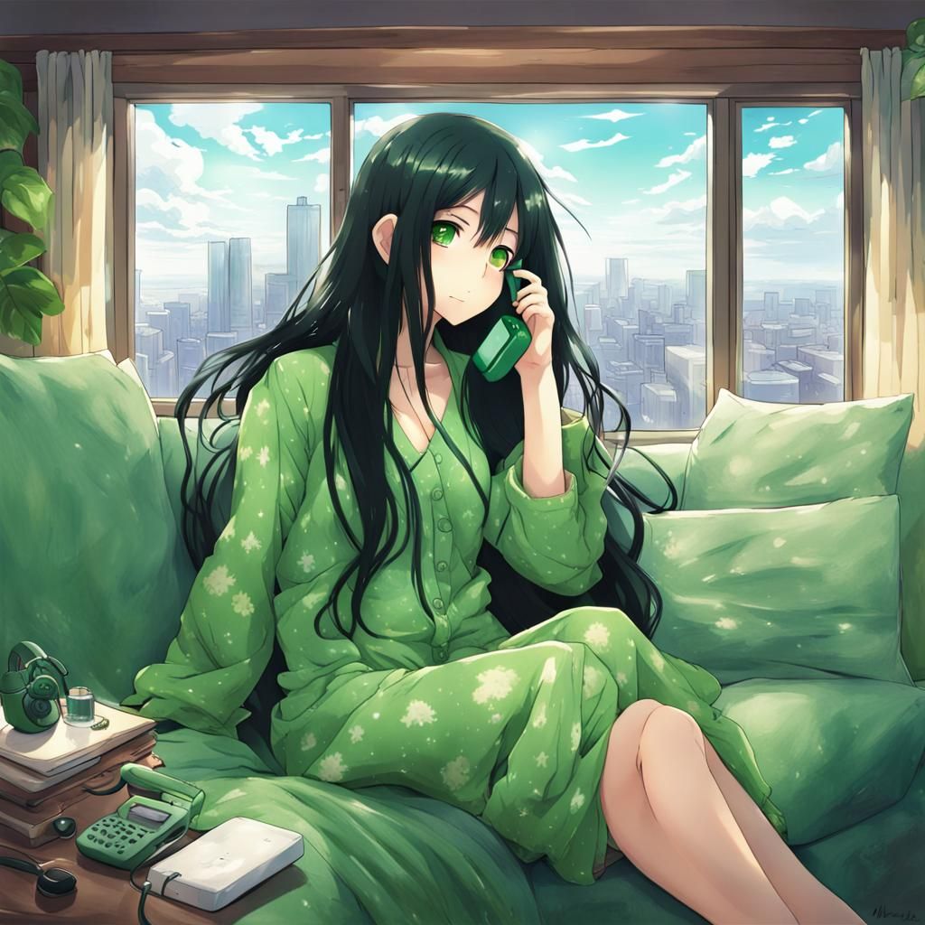 Anime Girl Relaxing on Couch Overlooking City