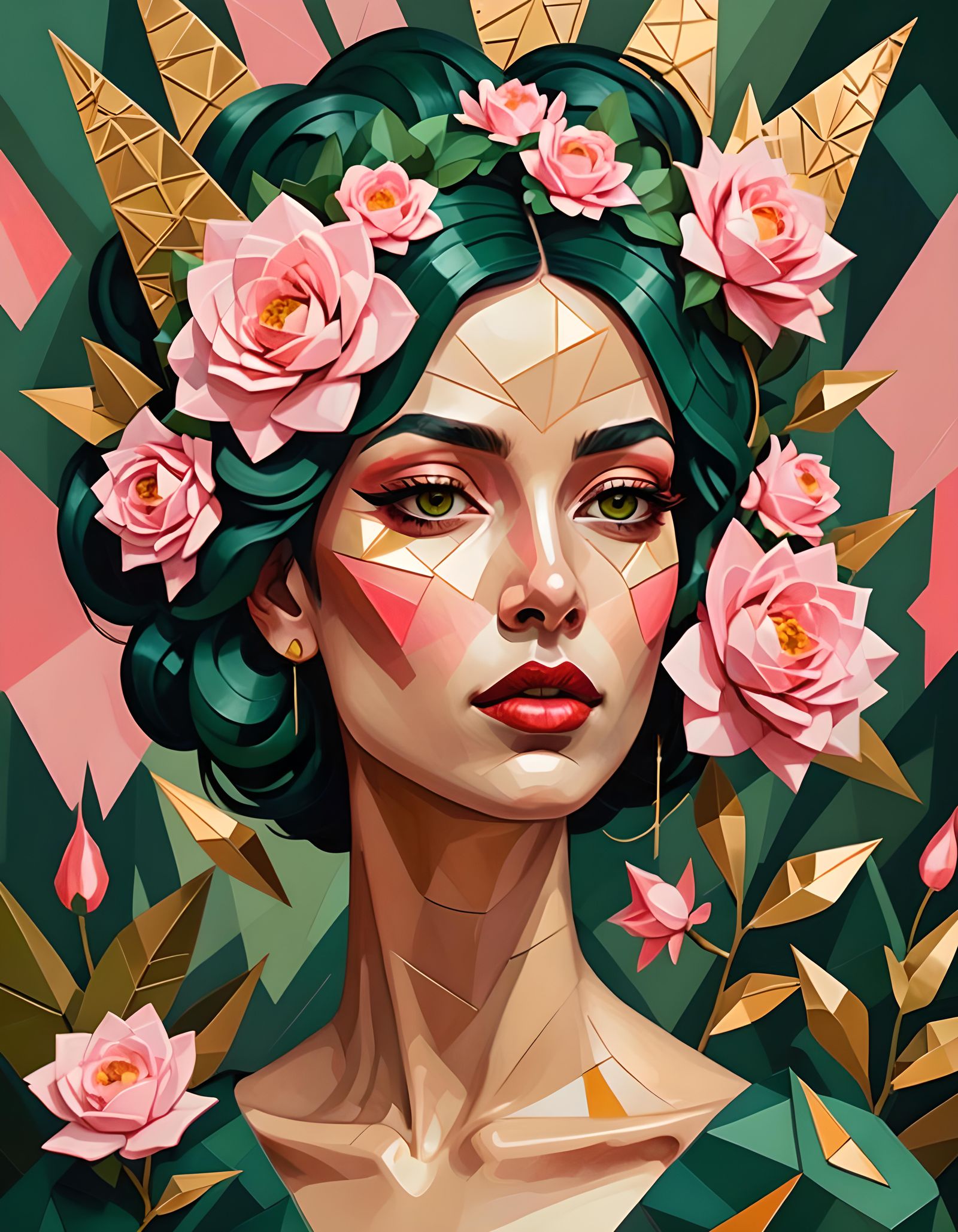 Golden Woman with Floral Crown in Cubist Style