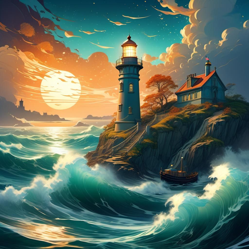 Lighthouse Glimmering on Ocean Waves, Art Nouveau Style