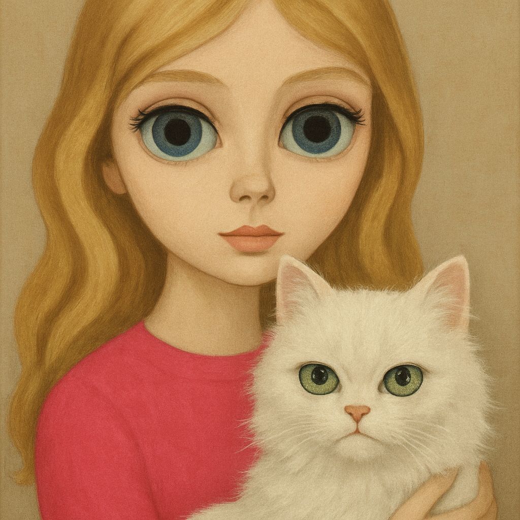 Woman and Cat in Mid-Century Big-Eyed Style