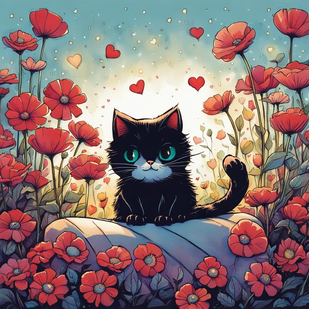 Cute Cat on Pillow in Cartoon Comic Style