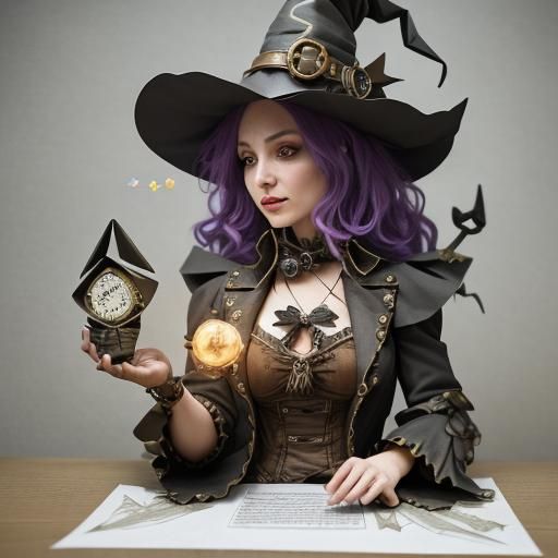 Steampunk Witch Casting Spell in Origami Style