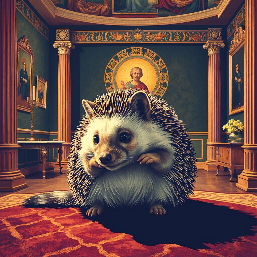 Hedgehog Poses as Regal Cat in Pop Art Style