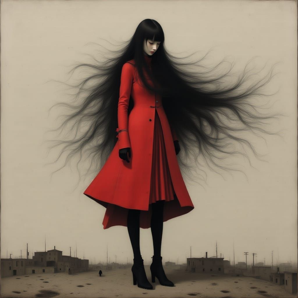 Woman in Red Coat in Wind: Melancholy Biomechanical Elegance