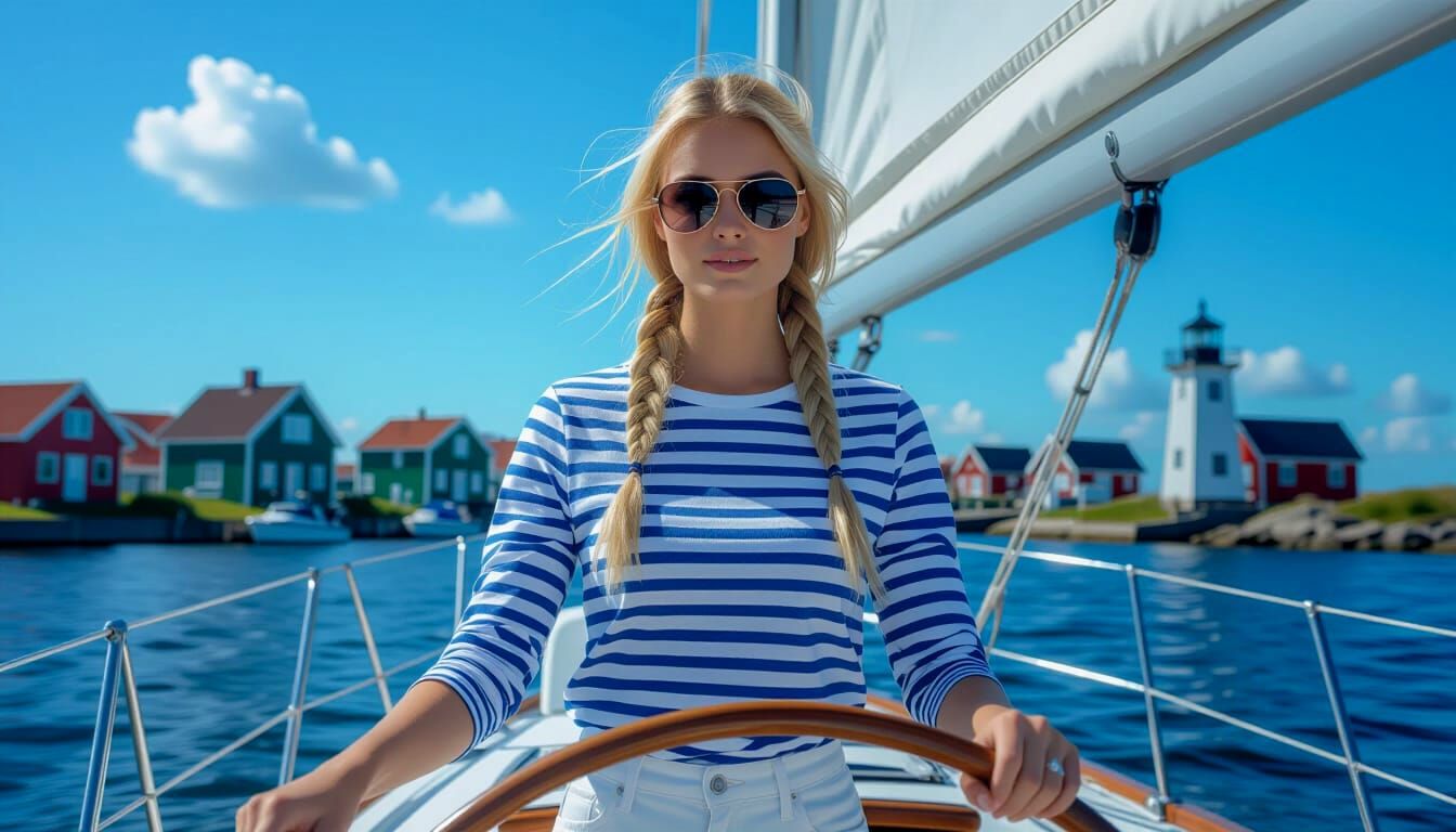Woman at Sailboat Helm, Blonde Dutch Braid, Sea View
