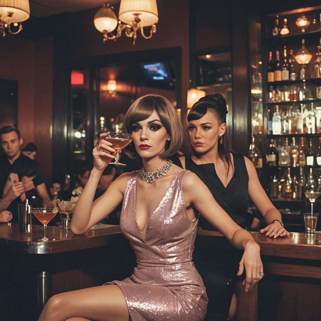 Crossdresser in Evening Gown at Bar, Cinematic Film Still