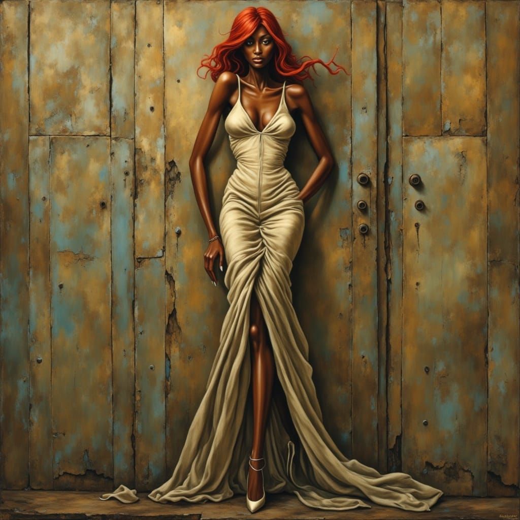 Redhead Pin-Up in Mucha-Waterhouse Tonalist Fusion