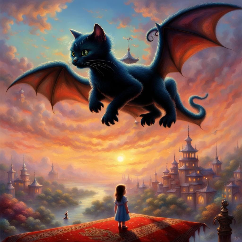 Girl and Dragon Cat on Flying Carpet