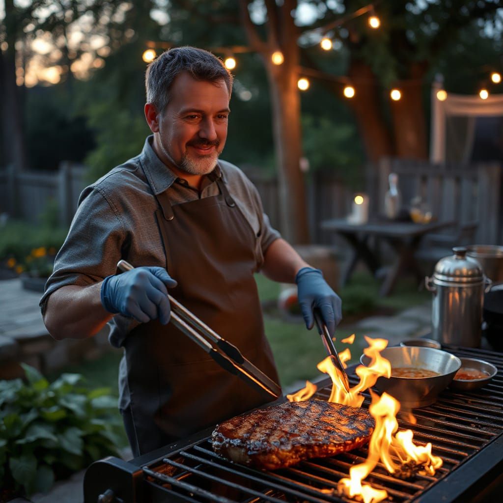 Man Grilling Steak in Backyard with Golden Lighting