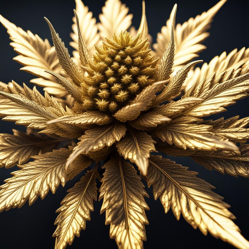 Highly detailed solid gold cannabis flower, realistic texture, physical based rendering, 3d render