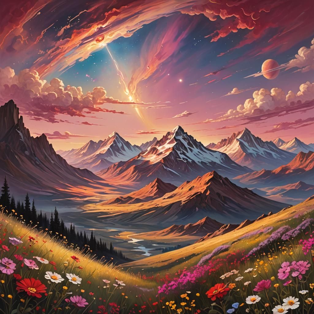 Surreal Mountain Landscape with Jupiter in Digital Painting ...