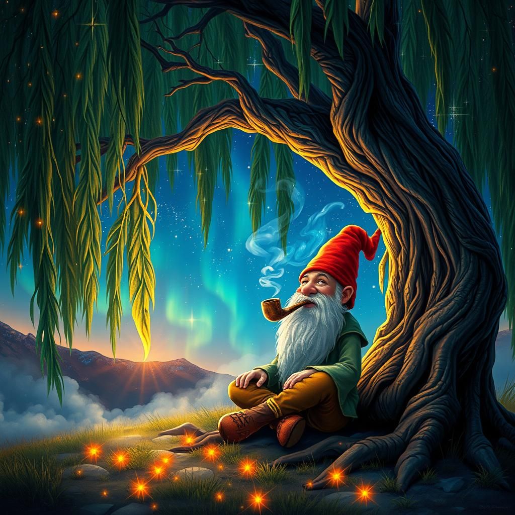 Gnome Under Ethereal Willow Tree in Cosmic Illustration