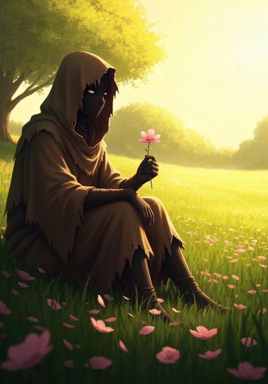 Shadow Figure Holds Flower in Sunlit Meadow