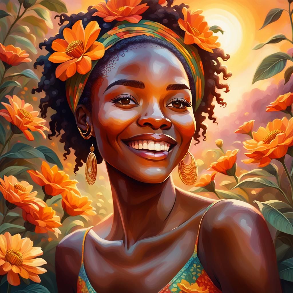 Radiant Woman in Floral Sunset: Vibrant Oil Painting
