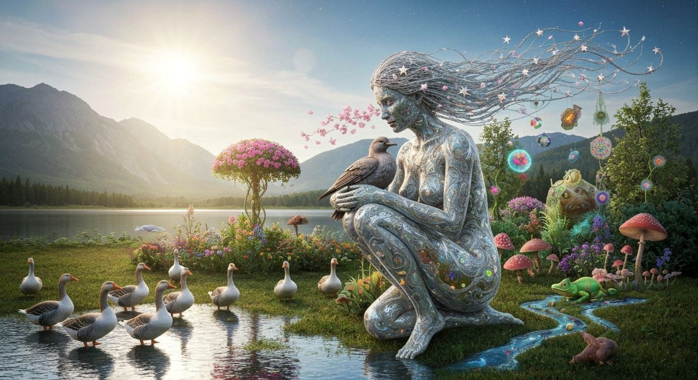 Surreal Fragmented Sculpture of Woman Embracing Bird