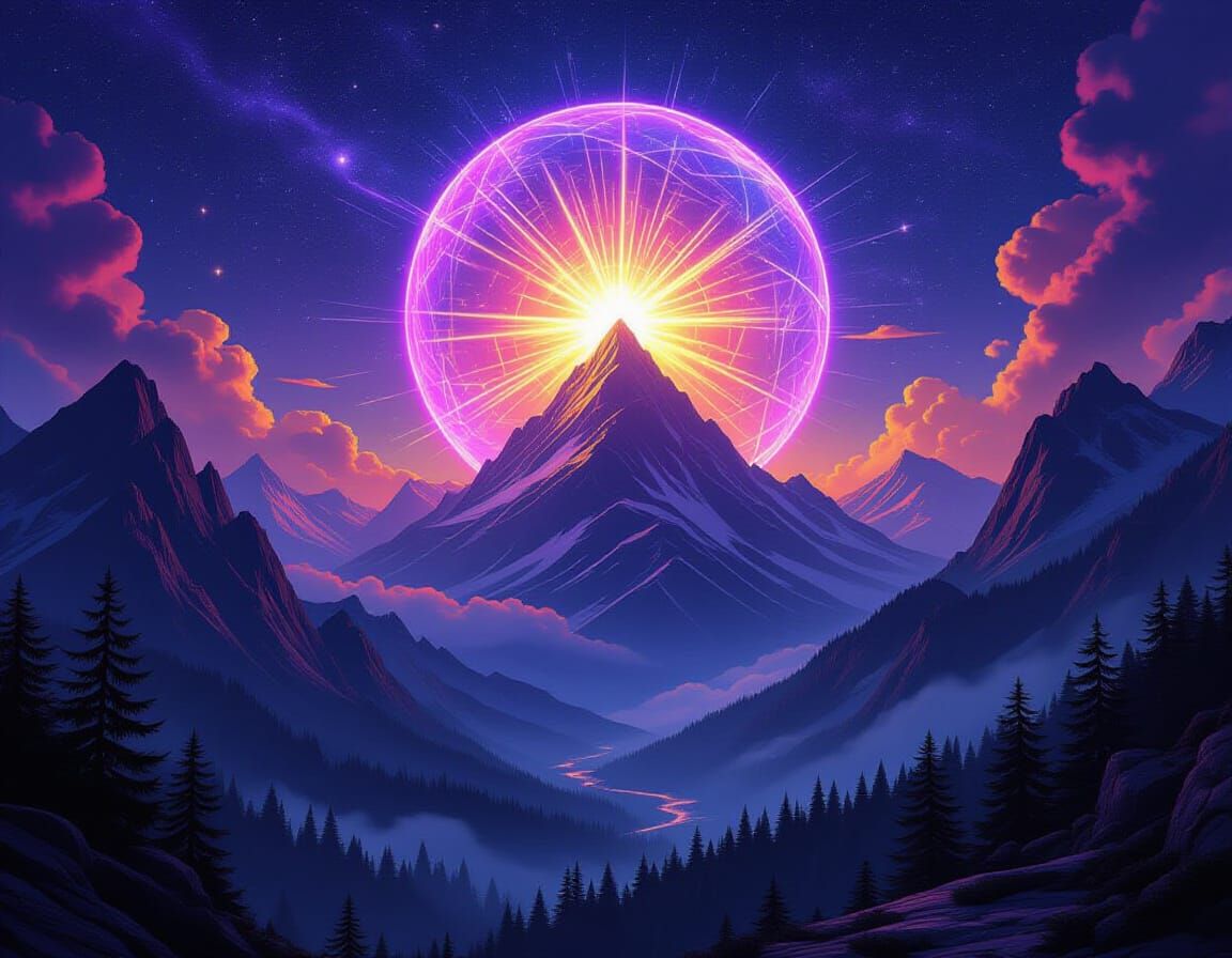 Mystical Mountain Valley Under Radiant Energy Dome