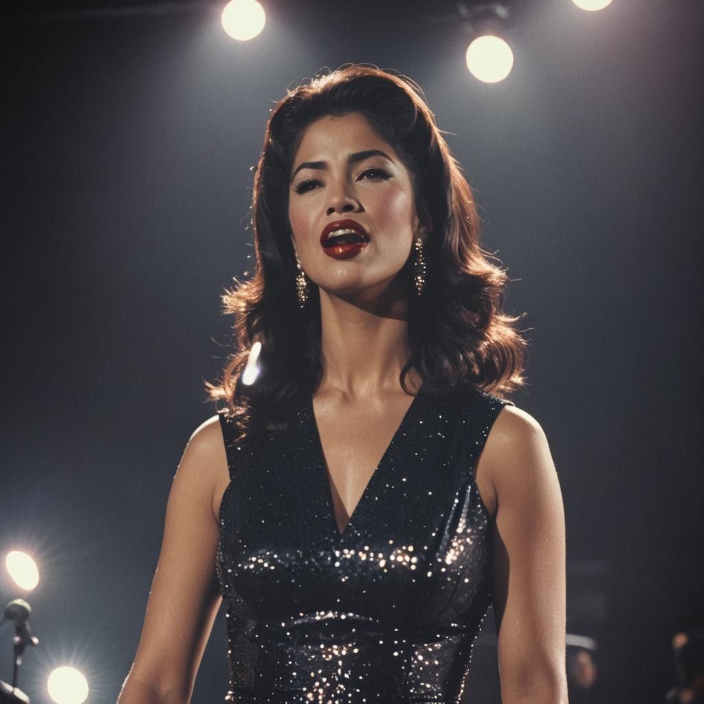 Selena Quintanilla on Stage in Film Noir Style