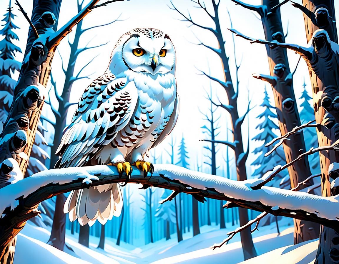 Snowy Owl on Branch: Detailed Matte Painting
