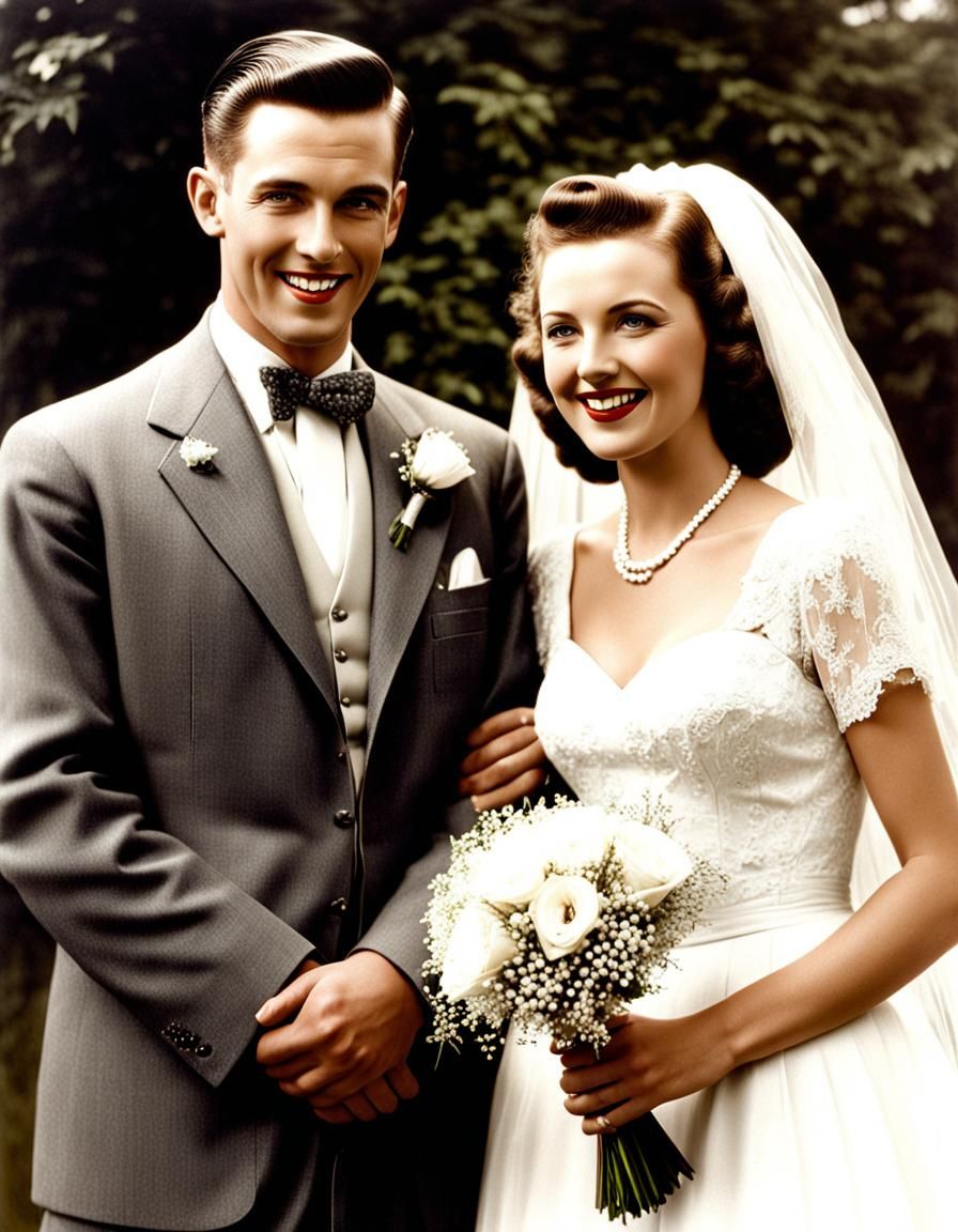 photograph of couple in the late 1940's getting married in a very simple ceremony happy faces happy married couple young...