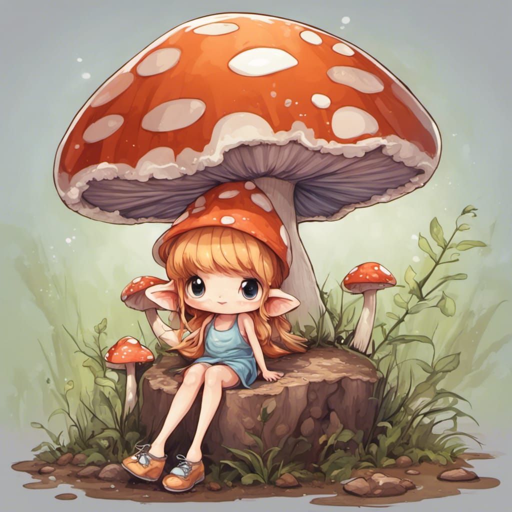 Whimsical Fairy Leans on Giant Mushroom
