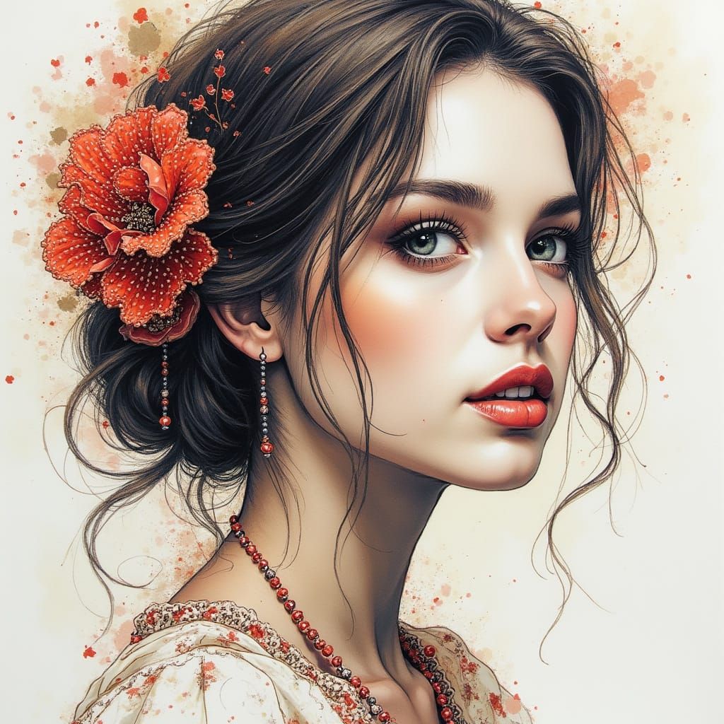 Portrait of a Stunning Woman in Vibrant Beadwork and Inkwash