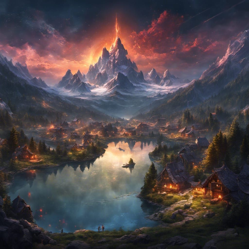 Cosmic Mountain Village: Dark Fantasy Art