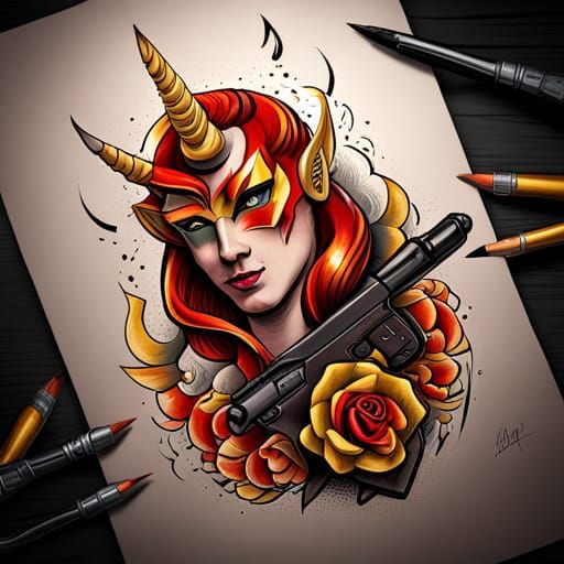 Unicorn with a Gun Flash Tattoo Design