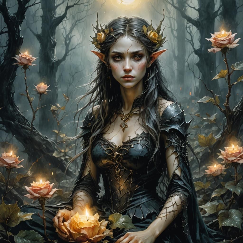 Melancholic Elf Ophelia in Dark Fantasy Watercolor