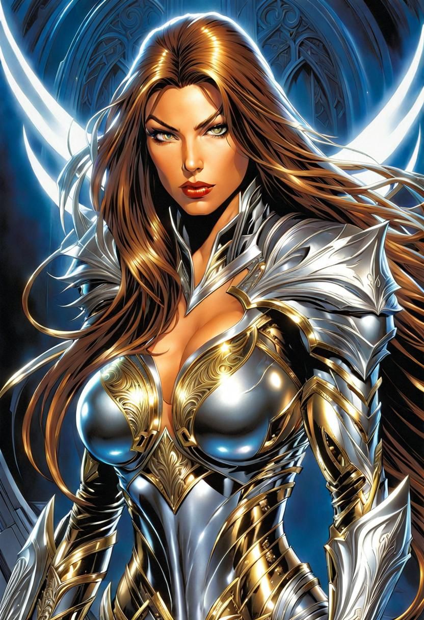 Anime Witchblade Warrior in Silver and Gold Armor