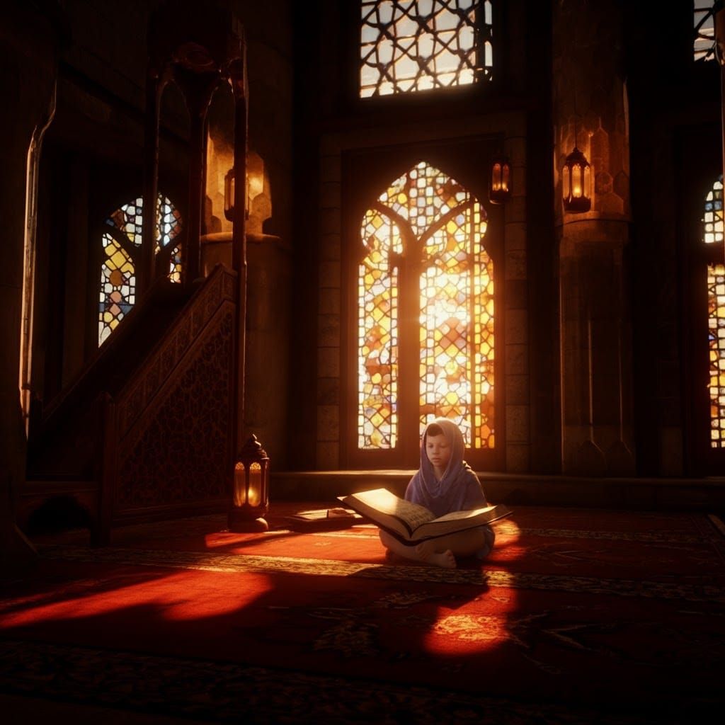Child Scholar in Islamic Mosque: 3D Rendered Scene