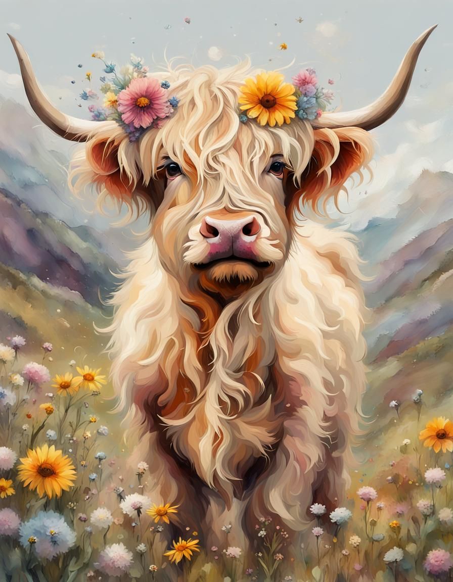 Whimsical Highland Calves in a Flower Meadow