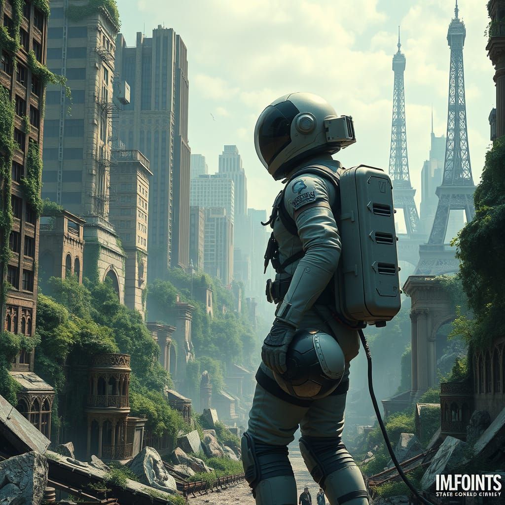 Astronaut Explores Ruins in Futuristic Sci-Fi Style