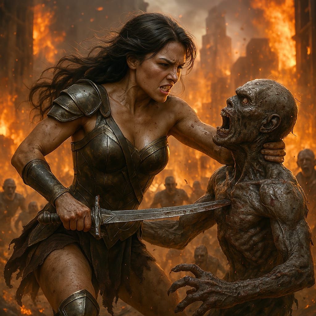 Wonder Woman Battles Zombie Hordes in Burning City
