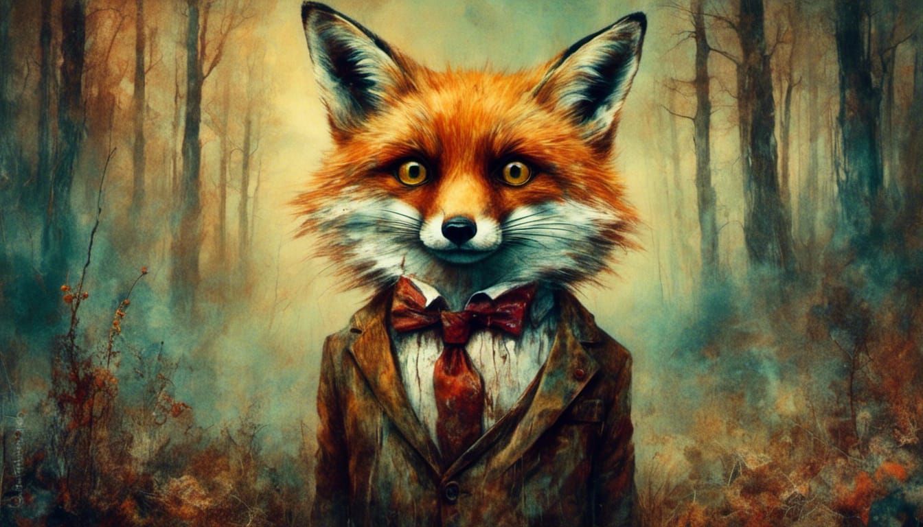 Whimsical Fox Portrait in Colorful Vintage Style