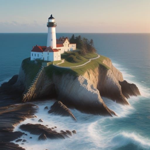 Watercolor Lighthouse on Rocky Coast: Serene Seascape