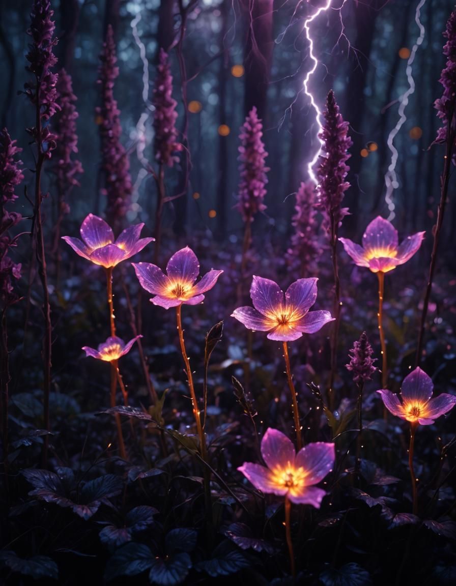 Electric Bloom in Surreal Lightning-Lit Forest